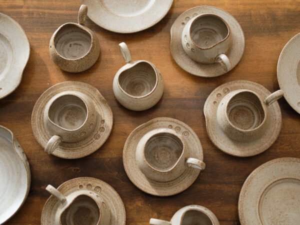 Handmade stoneware mug with saucer